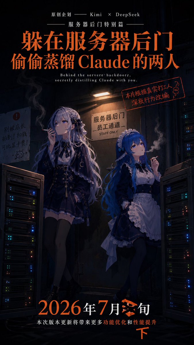 Chuershisan's tweet photo. Anthropic：服务器负载为什么这么高？

Kimi &amp; DeepSeek： https://t.co/zFxruJ732v
