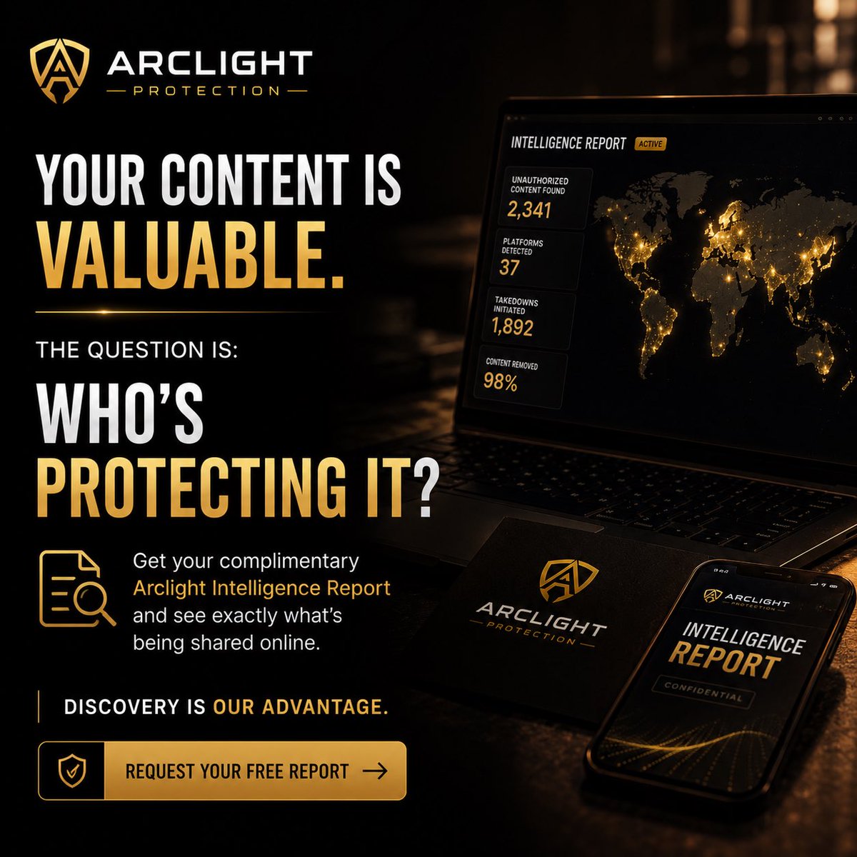 ArclightHQ's tweet photo. Your content is valuable.

The question is:

Who’s protecting it?

Get your complimentary Arclight Intelligence Report and see exactly what’s being shared online.

Discovery is our advantage.

#CreatorProtection #DigitalRights #OnlyFans #Fansly #ArclightProtection https://t.co/SYuddaVZBJ
