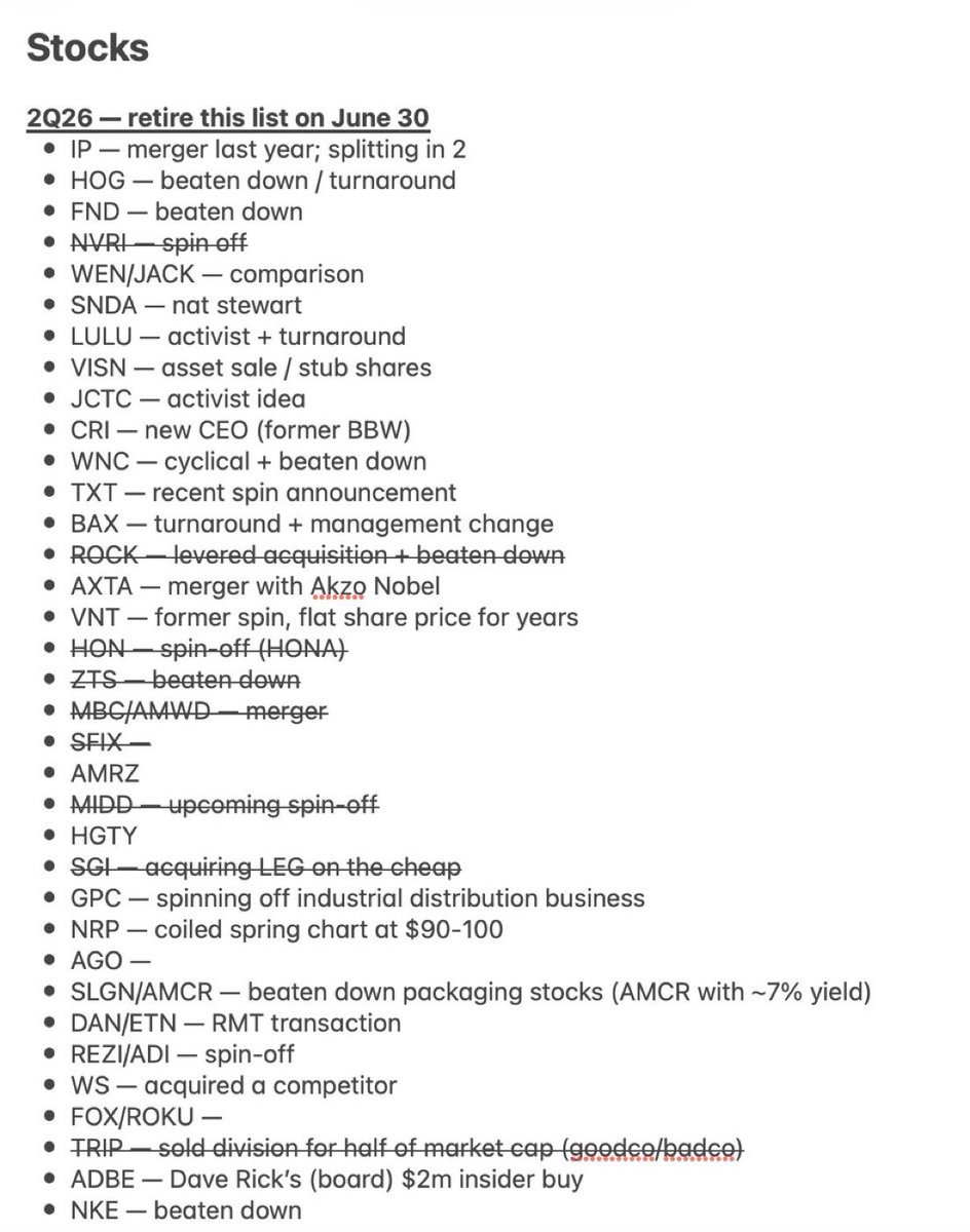 valeudontlie's tweet photo. Time to retire the 2Q26 “list of stocks to look at”

What should get rolled over to the next list? https://t.co/LKeLmIh0pc