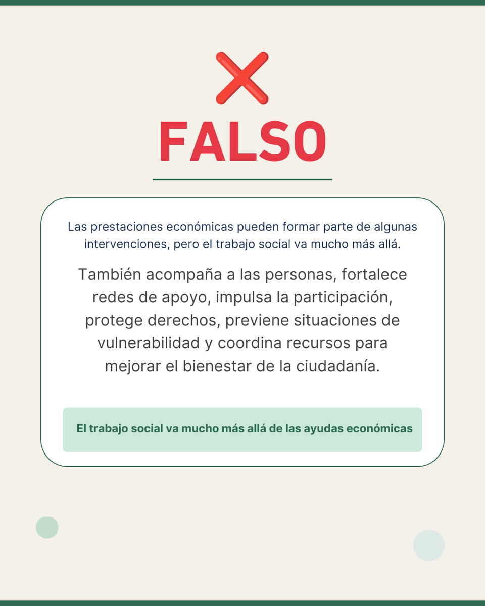 TrabajoSocialGR's tweet photo. ✅❌ Verdadero o falso

¿El trabajo social consiste principalmente en conceder ayudas económicas?

Desliza, responde y descubre por qué esta es una de las ideas más extendidas... y más equivocadas.

Porque el trabajo social también acompaña, previene y defiende derechos. https://t.co/2WtSzCHMsT