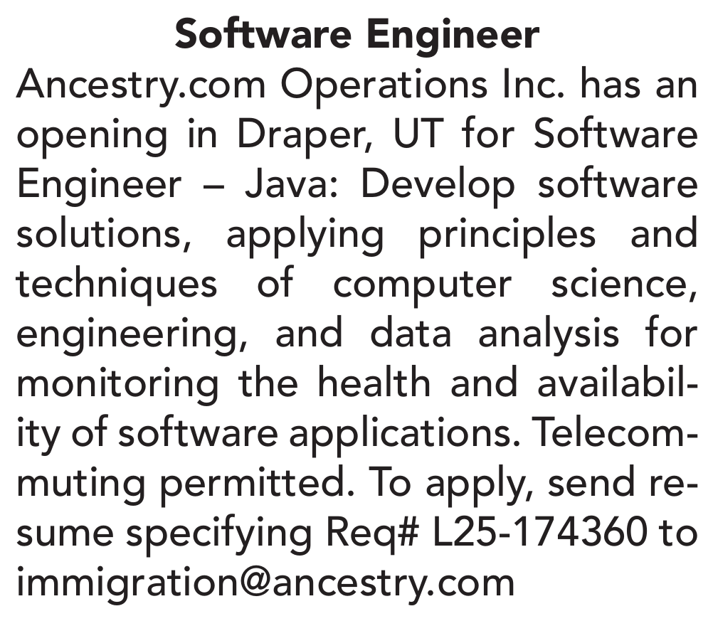JobsNowPR's tweet photo. Ancestry has moved on from their special hidden jobs board buried on their website

Now they are just straight up running classified ads in the Salt Lake Tribune telling engineers to send their resume to "immigration"

Should they be allowed to sponsor visas based on this ad? https://t.co/upMRwKpZ0j
