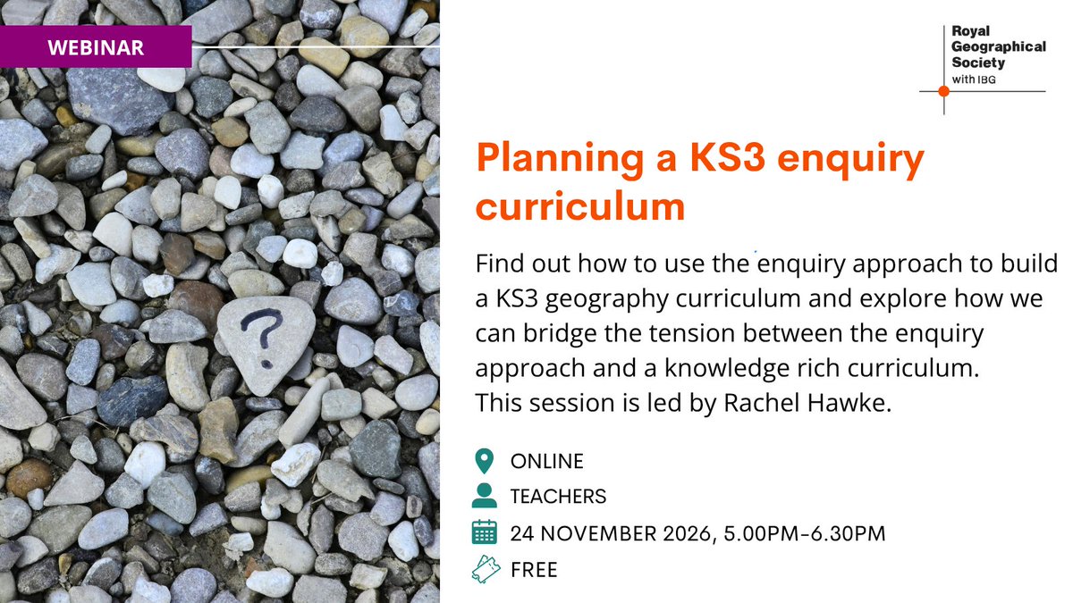 RGS_IBGschools's tweet photo. How can we bridge the tension between the enquiry approach and a knowledge-rich curriculum?

Join us for a free webinar exploring practical ideas to embed enquiry effectively into your KS3 curriculum.

Book your place 👉https://t.co/FrubN22BDu https://t.co/H8qWa3dOhB