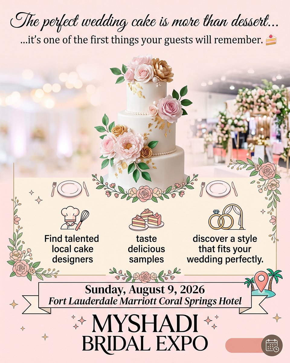 DeshVideshMedia's tweet photo. The perfect wedding cake is more than just dessert—it’s a memory in the making! 🍰

Join  us at the MyShadi Bridal Expo to meet top local cake designers, taste  delicious cake samples, and find a custom design that fits your wedding  style.

Register Now : https://t.co/6PZty2oHBG https://t.co/YOGNF7l9Tu