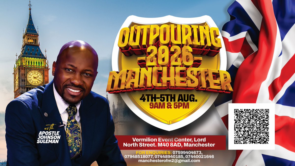 APOSTLESULEMAN's tweet photo. The Outpouring 2026 Crusade Line-Up! #Updated📩

Locations & Dates:

📍 Doha, Qatar🇶🇦 – 28th & 29th July, 2026

📍 Manchester, UK🇬🇧 – 4th & 5th Aug., 2026
📍 Kisumu, Kenya🇰🇪 - 25th & 26th Aug., 2026

📍 Benin City, Nigeria🇳🇬 - 1st & 2nd Sept. 2026
📍 Windhoek, Namibia🇳🇦 - 8th & 9th Sept., 2026
📍 Philadelphia, USA🇺🇸 - 15th & 16th Sept. 2026
📍Santa Lucija, Malta🇲🇹 - 21st & 22nd Sept. 2026
📍 Bremen, Germany🇩🇪 - 23rd & 24th Sept., 2026
📍 Panama🇵🇦 - 29th & 30th Sept. 2026

📍 Libreville, Gabon🇬🇦 - 6th & 7th Oct., 2026
📍 Cotonou, Benin Republic🇧🇯 - 13th & 14th Oct., 2026
📍 Douala, Cameroon🇨🇲 - 28th & 29th Oct., 2026

📍 Abraka, Nigeria🇳🇬 - 10th & 11th Nov., 2026

📍California, USA🇺🇸 - 8th & 9th Dec. 2026
📍Jamaica🇯🇲 - 15th & 16th Dec., 2026

More Locations Loading…
Prepare, Pray, And Get Ready!