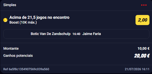 Bellocas7's tweet photo. Dia 44 | Boosts PT 🇵🇹
Último boost do dia 🎾 — Van De Zandschulp vs Jaime Faria, acima de 21.5 jogos. Vai ser longo?
Resultado ainda hoje, segue para não perderes👇
Dia 43: +10.75€ | Acumulado: +343.95€
#BoostsPT #EstorilOpen #JaimeFaria https://t.co/BNkGodjnyt