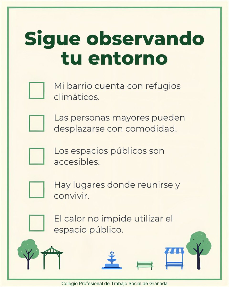 TrabajoSocialGR's tweet photo. 🏘️ ¿Cómo es tu barrio?

Pon a prueba tu entorno con este pequeño reto.

¿Tiene sombra? ¿Es accesible? ¿Cuenta con espacios para encontrarse y descansar?

Desliza, responde y descubre por qué un barrio también puede hablar de derechos.

#TrabajoSocial #DerechosSociales https://t.co/MYp7MSFu1Y