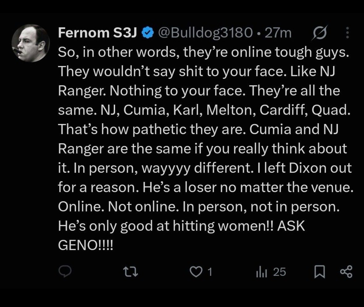 NJRanger201's tweet photo. “They’re online tough guys,” says man with Tony Soprano display pic who has me blocked, after unblocking me to repost a video where a guy gets in my face &amp; I don’t move an inch. 
You can’t make this shit up. https://t.co/cOecI9CdAl