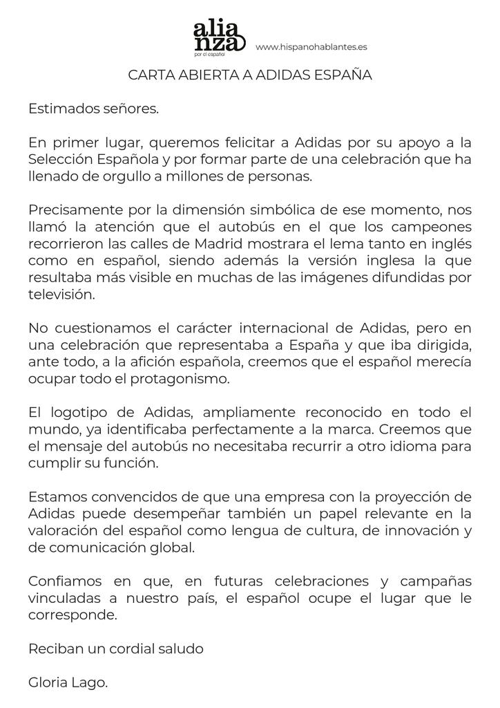 HablamosE's tweet photo. Carta abierta a @adidas_ES #AlianzaPorElEspañol #HablamosEspañol https://t.co/Qondl2Akr8