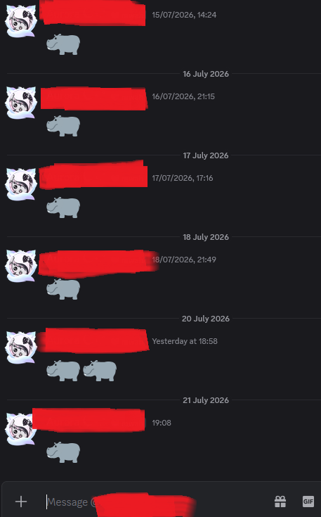 fawningshalina's tweet photo. in 2022 i removed one of my moots on discord cuz they were at the bottom of my friend list and for the last 4 years they have sent me a hippo every single day or extra for each day missed so i don't remove them as a friend

so every time i check my old account i get 100+ dms LOL https://t.co/yyxzY2vV9v