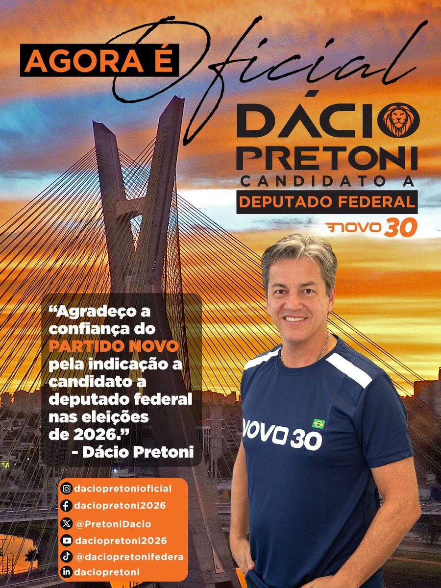 PretoniDacio's tweet photo. É com enorme gratidão que recebo a oficialização do meu nome pelo partido Novo para as eleições de 2026.

Esta candidatura é de todos que acreditam em um Brasil mais íntegro, seguro, próspero e com oportunidades para todos.

Agora começa nossa missão!

Juntos somos mais fortes! https://t.co/YTjqR0tL8k