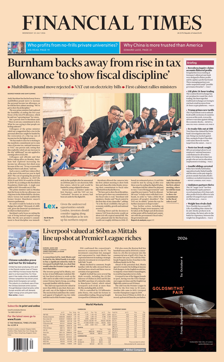 FT's tweet photo. Just published: front page of the Financial Times, UK edition, Wednesday July 22 https://t.co/iJweoRVbic https://t.co/AHtkS5kqxg