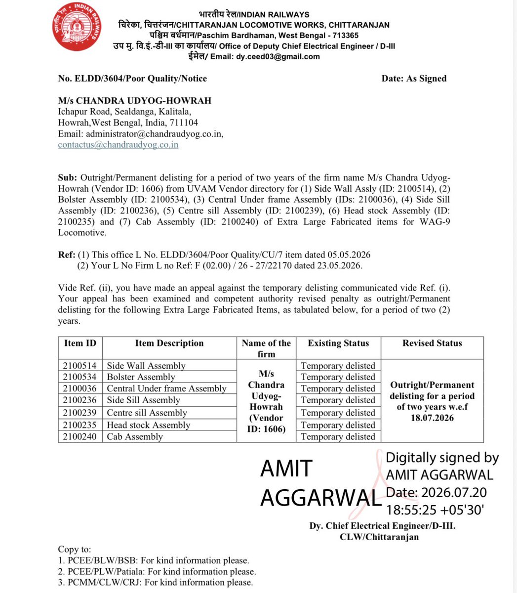 Railwhispers's tweet photo. 1/6
While it is encouraging to see Railway Board (@RailMinIndia) take action on sub-standard #steel used in shell child parts, major #policy loopholes continue to expose systemic vulnerabilities.🧵👇
@AshwiniVaishnaw @PMOIndia @CVCIndia @cabsect_india @IR_CRB #CLW #BLW #PLW #MTRS https://t.co/XT2LK3ulVo