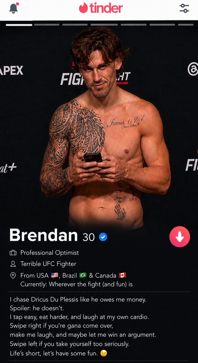 Violent_intel's tweet photo. BREAKING🚨 : Brendan Allen's Tinder profile has been LEAKED and it doesn't look good. Which way will YOU be swiping? 😏
#ufc #allin #DDP https://t.co/igaEZd1ffQ