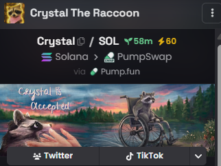 WeacBa's tweet photo. more and more Jimothy wallets showing up on CRYSTAL the raccoon

might be sth big around 50k mc now 

CH7HjcS67VPXVcwRKrro6icR4QzDD8W75NjNzD1pump https://t.co/57zWBVnH3C