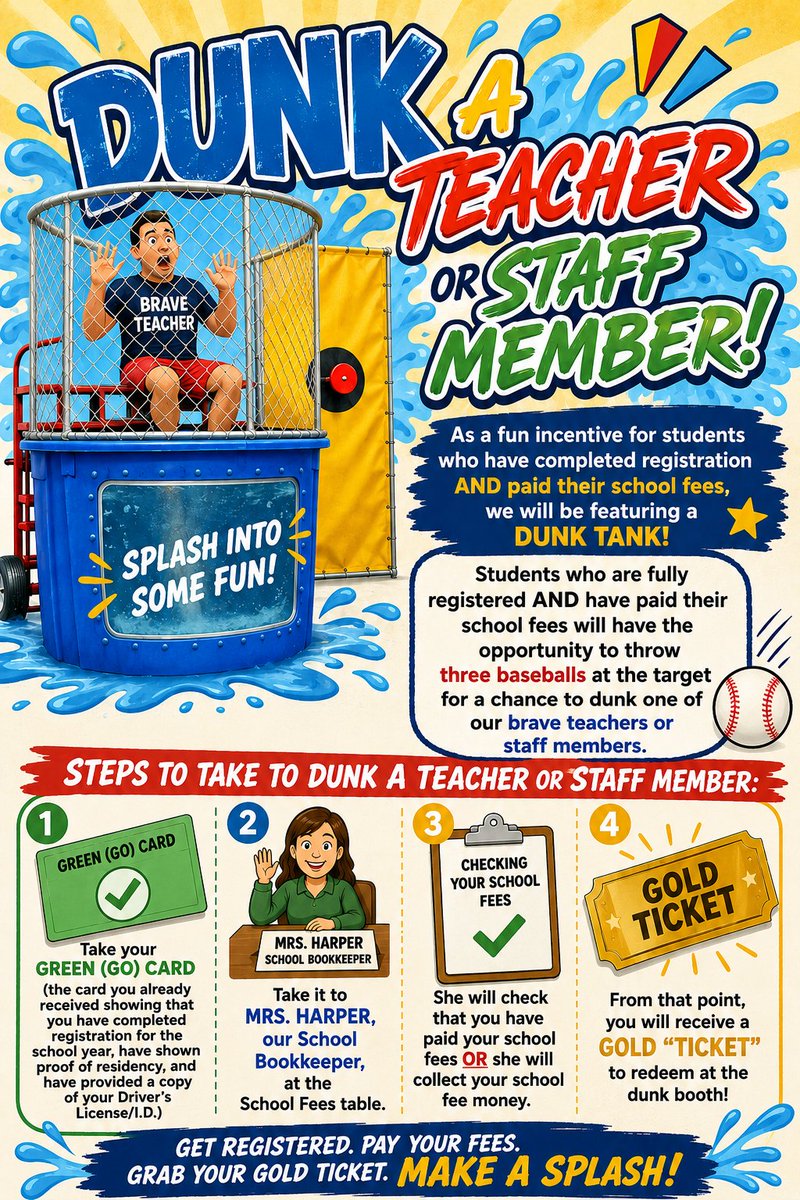 FulmerFalcons's tweet photo. Did you say, "Dunk Tank!?!"

Complete your 2026-2027 school registration AND pay your school fees either online or in person at the school prior to or on the day of Take Flight and Schedule Pick-up so you may receive a Golden Ticket to DUNK a teacher or staff member! https://t.co/bP6dInQkqd