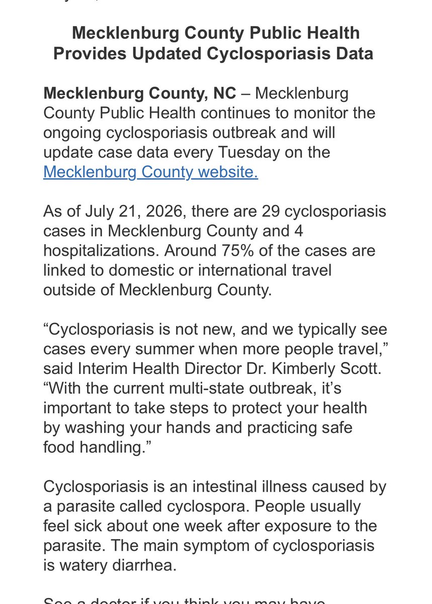 Brett_Jensen's tweet photo. Update from Meck County on Cyclosporiasis data: https://t.co/qW0Tuoj3qb