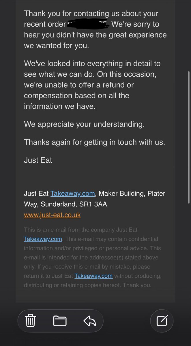 RubyMayAylmore's tweet photo. Shocking service from @JustEatUK. Missing item from my order and can’t even get a refund. They can’t provide me with a reason for not giving a refund either. Why am I paying for food that never came? Can’t even talk to a person on the phone either. It’s appalling. https://t.co/l8CPl3Xm5Y