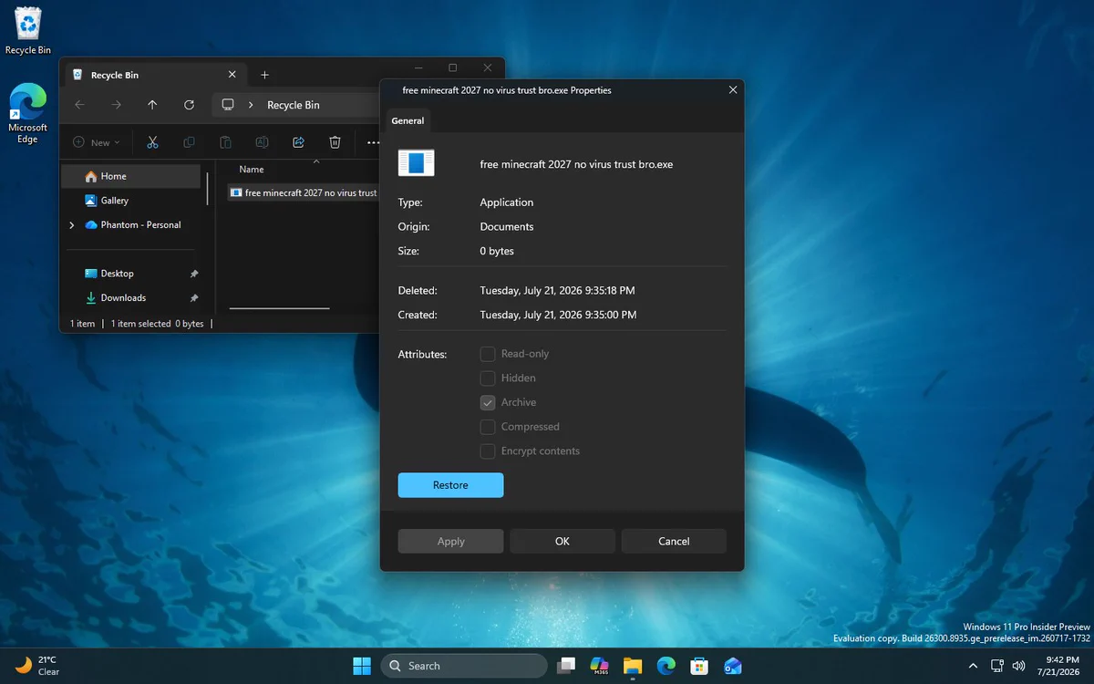 File Properties in Windows 11. The dialog shown is a modern, WinUI version for a deleted file named "free minecraft 2027 no virus trust bro.exe". It is in dark mode, respecting the user's preference unlike the older version. Only one tab (General) is available, showing the file name, type, origin, size, date deleted, date created and attributes, alongside an option to restore the file to its original location.