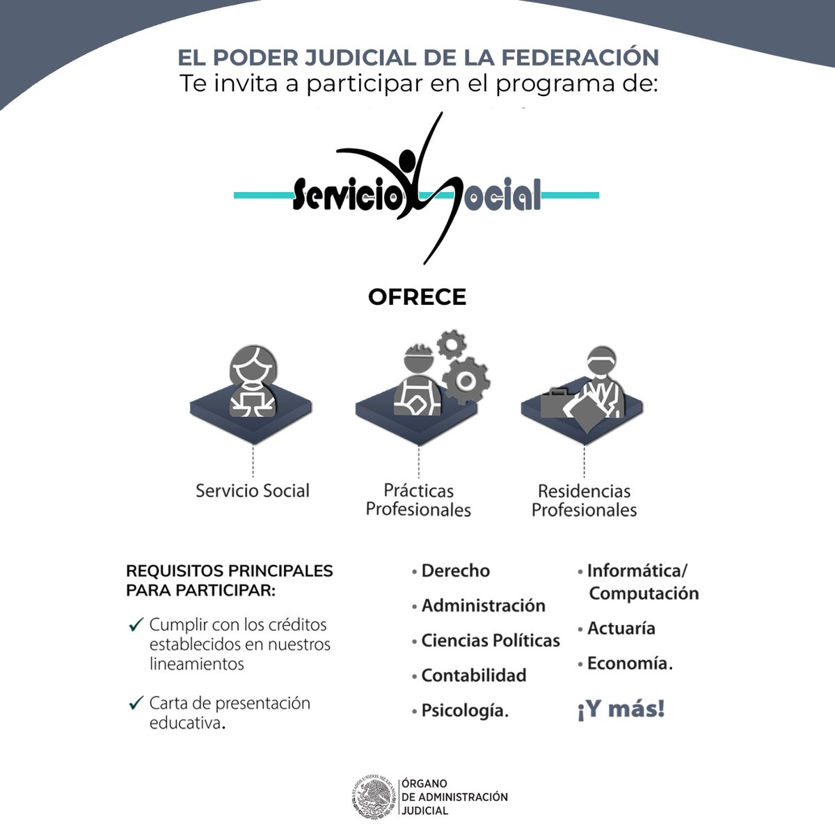 OAJ_Mex's tweet photo. ¿Te interesa realizar tu #ServicioSocial en alguna de las diferentes áreas del Órgano de Administración Judicial (#OAJ) 🧐🏛️?

Accede y conoce los requisitos 📌 https://t.co/kycLiA1Equ https://t.co/8QQzEWlJXz