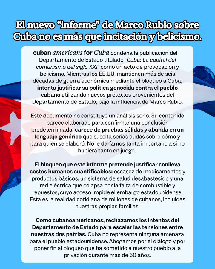 AnayansiRCamejo's tweet photo. Agradecemos pronunciamientos de países y organizaciones que han rechazado reciente informe del Departamento Estado de EE.UU contra Cuba, que constituye un nuevo intento de justificar el bloqueo y ampliar el pretexto para una agresión 🆚la Isla.

#CubaNoEsUnaAmenaza,el bloqueo sí https://t.co/hL233qsASG