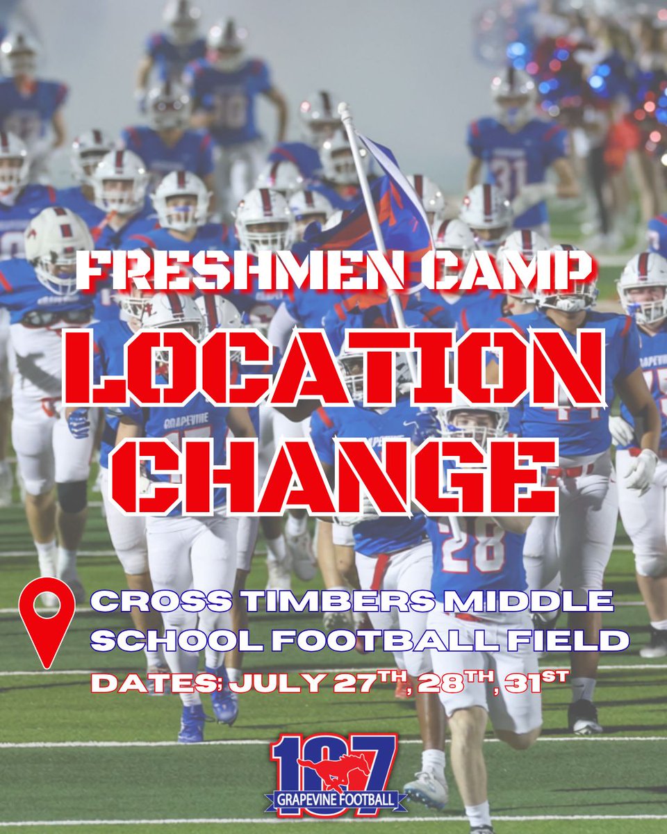 GHSMustangsFB's tweet photo. 📢FRESHMEN CAMP UPDATE📢

Due to Fish Camp taking place in the MAC, camp will be relocated to the field at CTMS. 

🔴Dates will remain: July 27th, 28th, and 31st. 

🔵Time will remain 9:00-11:00. 

🔴Pickup on Friday (7/31), will be at 11:30 at the MAC. https://t.co/oSmtOWeY1n
