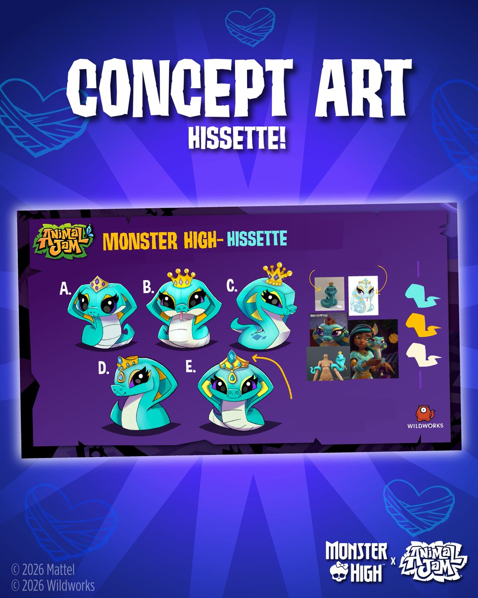 AnimalJam's tweet photo. Take a peek behind the wraps and see how Hissette went from early inspiration to final royal-tastic #AnimalJam designs. When bringing #CleodeNile’s pets to life, perfection was the minimum standard, with every detail made worthy of her royal inner circle. 
#MonsterHigh https://t.co/ZB9qcAQ5py