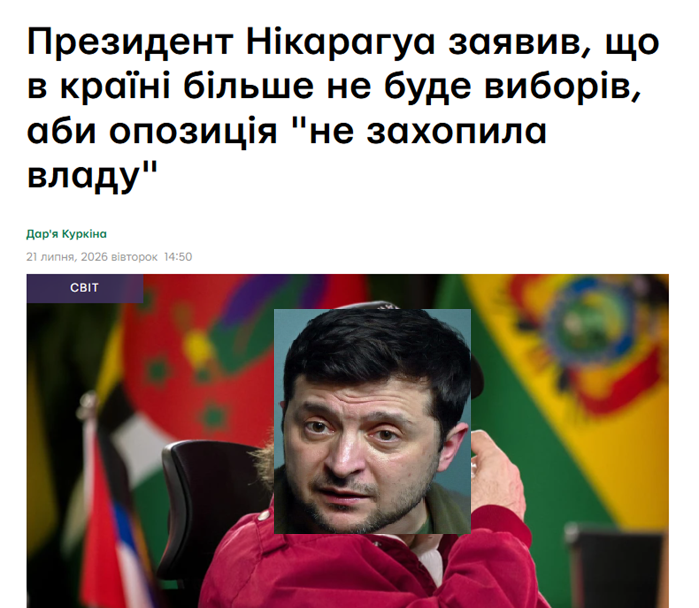 leusenko1's tweet photo. 21 липня, 2026: Президент Нікарагуа заявив, що в країні більше не буде виборів, щоб опозиція не захопила владу. 
Це ж було вже, чи ета другоє? 
20 травня 2024: Зеленський заявив, що в країні більше не буде виборів, аби Порошенко не захопив владу. 
Диктатура нелегітимного стендапера триває третій рік.