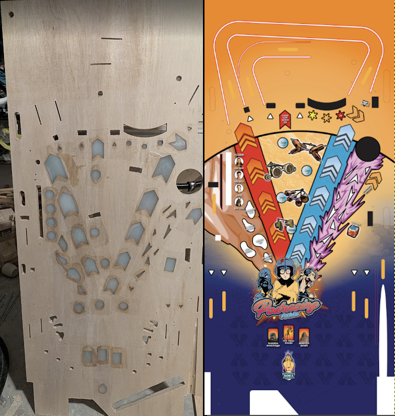 PawlowskiPin's tweet photo. Revisiting the homebrew Star Wars Pod Racing game. We originally put together a whitewood to demo and test shots. We decided to resin fill with all the custom shapes. Hoping to print + clear next week. Then assemble, playtesting and off to Chicago Pinball Expo in October. https://t.co/HgozVnPezS