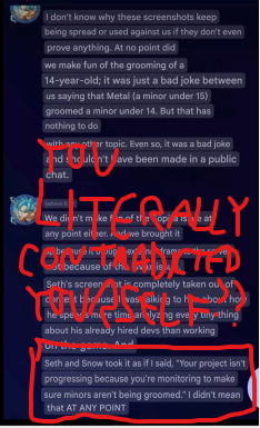 rashmino_dev's tweet photo. @YelanEXhrbr Holy shit, it's amazing how much of a reach this whole thing is, you're using events that were already punished as "proof".

This whole document is baffling, just using arguments between you guys and us, the chats ARE moderated by real mods, and Isvax was punished accordingly. https://t.co/js6QU8NM57