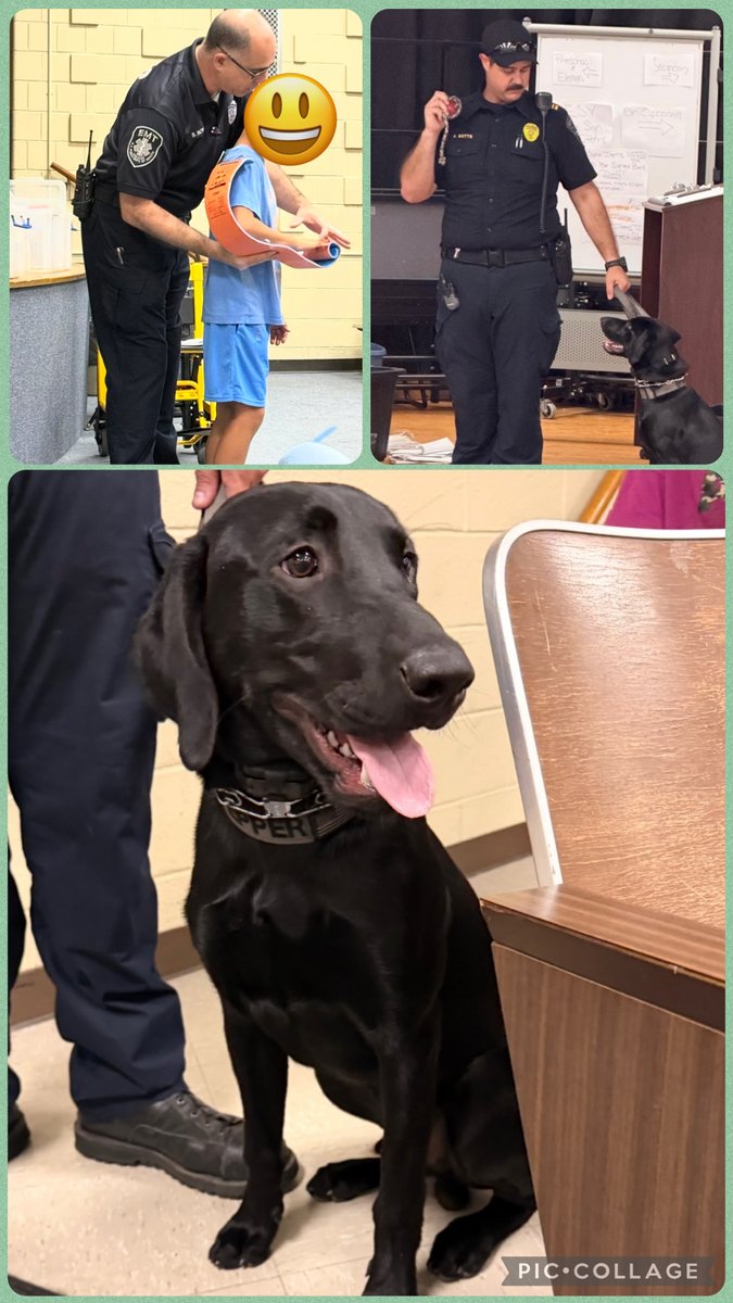 BtpsSrvcs's tweet photo. ESY Ss had a wonderful opportunity to learn from our local EMTs during a safety assembly! 🚑 Mr. Botts, Boyle, &amp; K9 Pepper delivered an engaging assembly focused on emergency response &amp; details of the job! Thank you for keeping our community safe! 💚 @Brick_K12 https://t.co/u3eIXDK63c