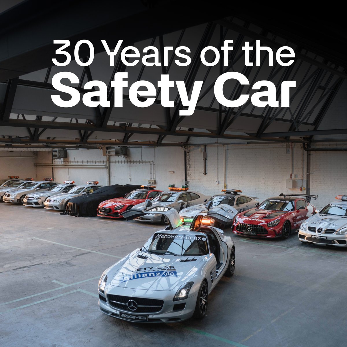 MercedesAMGF1's tweet photo. 30 years of the ultimate pace-setter 🟡 

From classic supercars to modern monsters, see how our Safety Car has evolved.