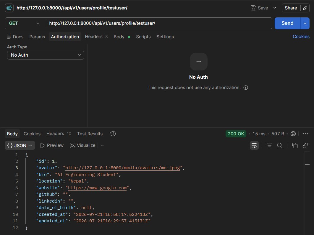 acharyautsab7's tweet photo. #LSPPDay51

Continued building the Learning Platform API.

Built one-to-one user profiles with automatic creation, profile APIs, updates, validation and authentication.

GitHub Repo: https://t.co/ZkcvcsaJmh

@lftechnology
#60DaysOfLearning2026 #LearningWithLeapfrog https://t.co/8wXutfa8tY