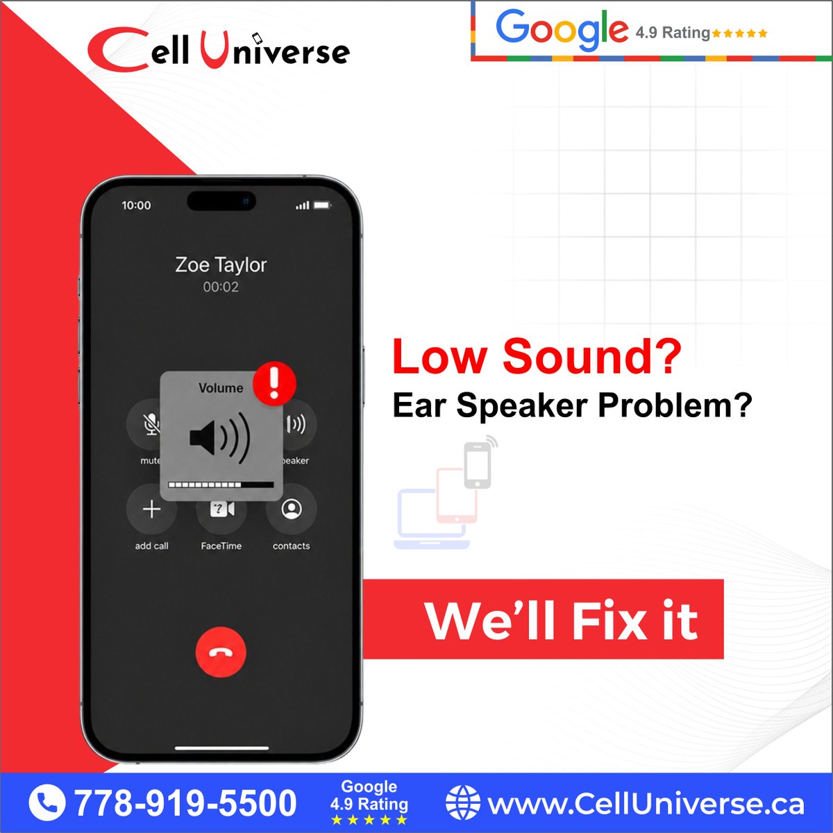 CellUniverse2's tweet photo. 🔊 Can't hear calls clearly?

✅ Ear Speaker Repair
✅ Crystal-Clear Sound
✅ Fast Turnaround
📞 Call Cell Universe today: 778-919-5500
#PhoneRepair #iPhoneRepair #SpeakerRepair #EarSpeakerRepair #LowVolume #PhoneSpeaker #VancouverBusiness #Burnaby https://t.co/8VsSIbqJXx