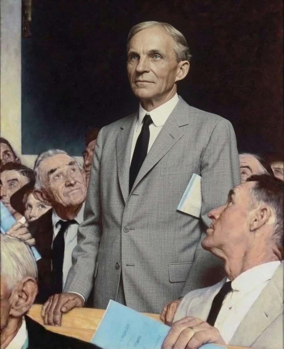 BryceMLipscomb's tweet photo. I created the 5 day work week.

I created the 8 hr work day.

I created the weekend for time of leisure.

I created the $5 day giving a wage 5X the average pay of any other company.

During the Depression, I raised the $5 day to $7 a day. 

I provided Drs &amp; dentists at my plant. https://t.co/9nGquimcJ4
