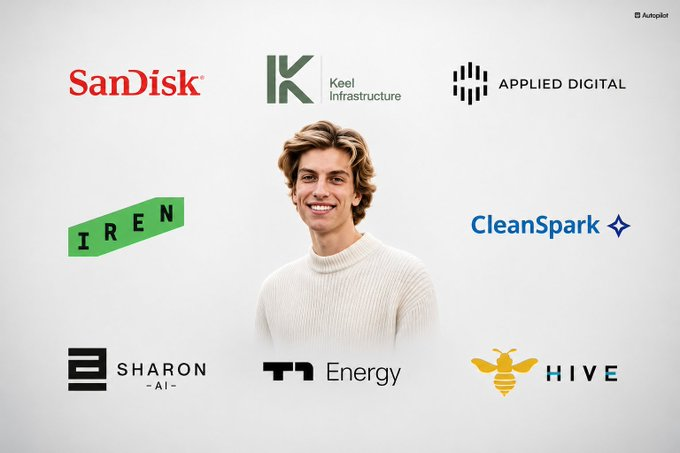 DeshondaBrough1's tweet photo. Leopold Aschenbrenner's biggest longs are all up today and most missed why:  

• $IREN : announced $2.8B in new AI cloud contracts       • $APLD : Earnings approaching on July 27 
• $SNDK : Morgan Stanley and UBS bullish analysis  
• $BE : JPMorgan raised price target from $267 to $346  
• $HUT : Signed a $9.8B, 15-year AI data center lease  

And it seems Wall Street is the most bullish:  

Morgan Stanley called the memory pullback a "compelling entry point" this morning, forecasting prices rise at least 25% from Q2 to Q3 as AI data center demand keeps supply tight 

UBS sees the DRAM market undersupplied "until at least 2028" and called the recent selloff in memory stocks "likely temporary"