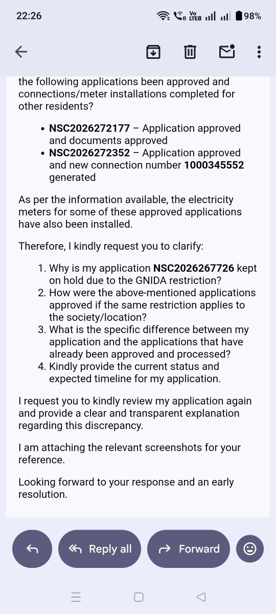 09mohit's tweet photo. @npclgrnoida @UPPCLLKO @npclgrnoida pls have a look, i can see in my society and same tower few residents got approval. but in my case getting stay from gnoida.
pls check my reference number: NSC2026267726 i have dropped email to crm. pls see screenshot https://t.co/G39hzBxXD9