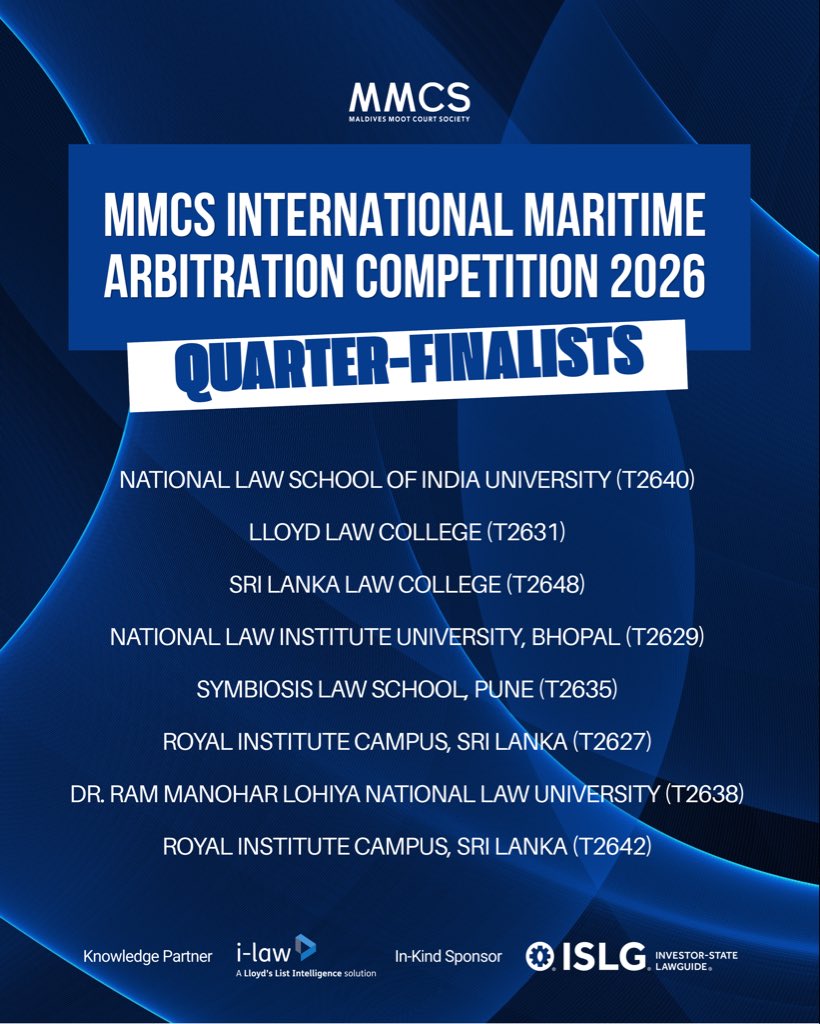 MvMCS's tweet photo. ⚓️ After navigating through fierce advocacy related to a challenging maritime dispute, eight outstanding teams have dropped anchor in the Quarter Finals of the MMCS International Maritime Arbitration Competition 2026. Congratulations to our Top 8 Quarter-Finalists! https://t.co/GnTO4fdTQm