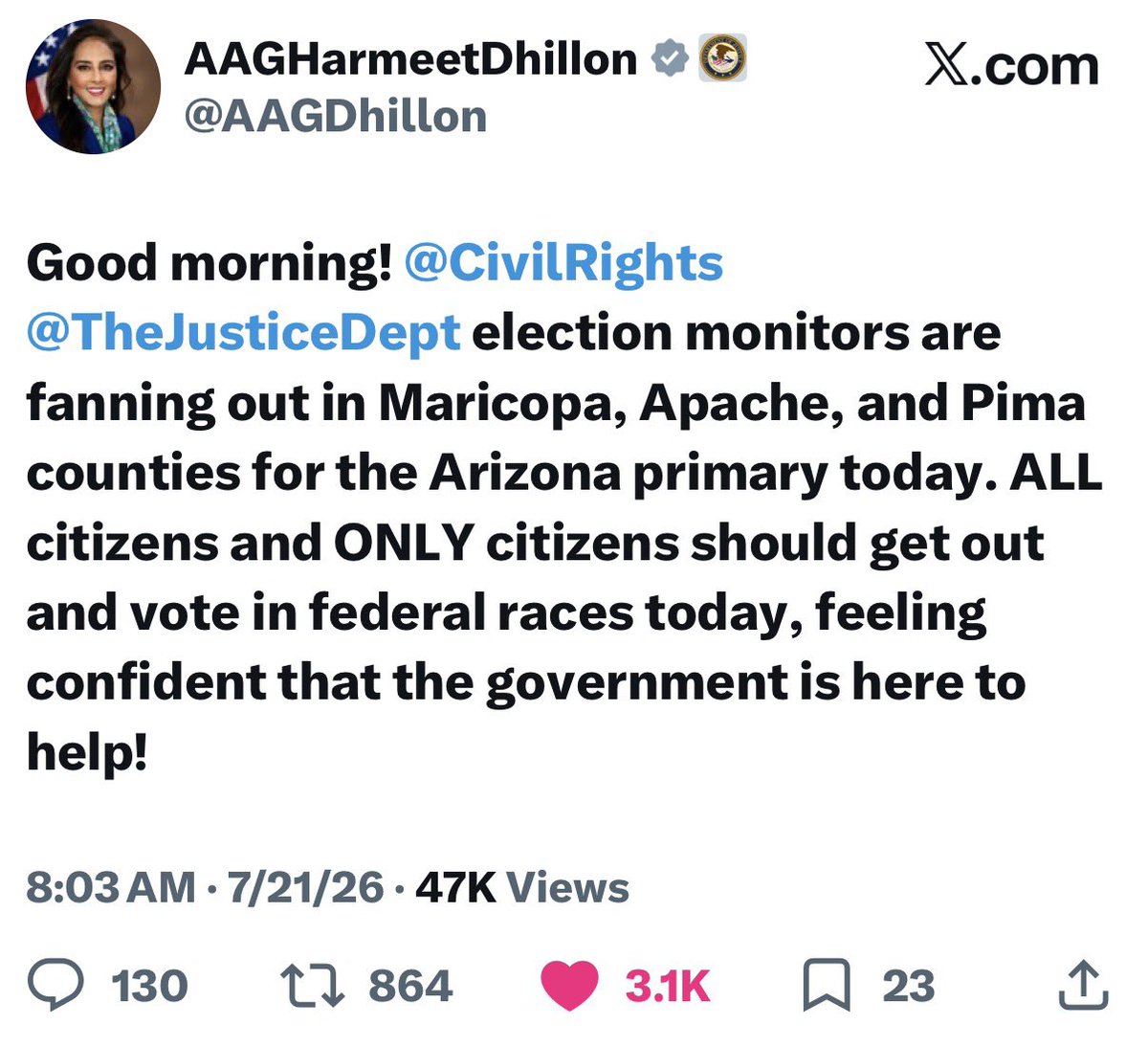 ScottPresler's tweet photo. Thank you to the Department of Justice for being on the ground in Arizona. 

Only citizens should be voting in our elections. https://t.co/IFnlrY2YCX