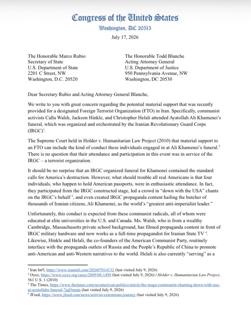 RepMaxMiller's tweet photo. Americans stood on an IRGC stage, led chants of “Death to America,” and produced propaganda celebrating Ayatollah Khamenei —the dictator responsible for the deaths of thousands of Iranians and countless acts of terror. 

This week, I led a letter demanding a federal investigation into whether this crossed the line into material support for a Foreign Terrorist Organization.