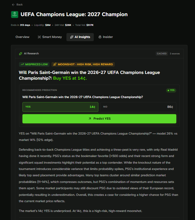 GambitSportsHQ's tweet photo. The rankings are interesting. The pricing is even more interesting.

PSG sits among the Champions League favorites, but AI Insights believes the market is still undervaluing them.

It projects PSG to have a 26% chance of winning, making YES its recommendation for a potential 7x return.

See what AI Insights is tracking on https://t.co/BkyqY1cmaB