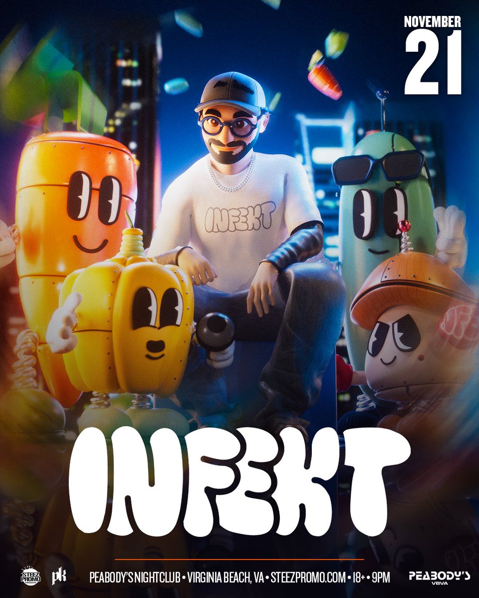 SteezPromo's tweet photo. 🔥JUST ANNOUNCED🔥
The Church of @infektdubstep is now accepting attendees ⛪️

Gather with us at @peabodysvb on Saturday, November 21, for all the best trench, riddim, or whatever you wanna call it 🥕

More support TBA..🥦 

Tickets are on sale now! 🖇️ https://t.co/CGPgbkl6Iv https://t.co/NJNi6spM4u