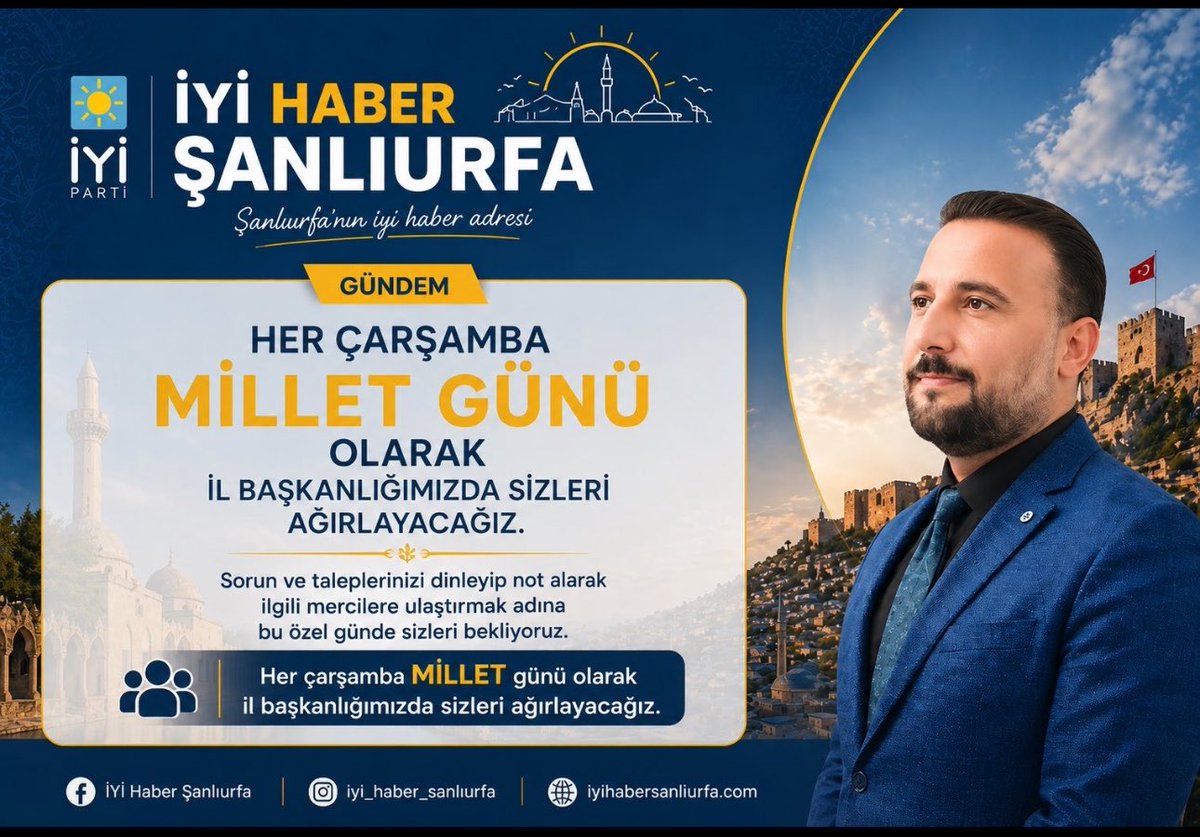 AliErogllu's tweet photo. Millet günü ,

Yarın (çarşamba) il başkanlığımızda sizleri misafir etmekten onur duyarız @MDervisogluTR @aefakibaba 
@ayyuceturkestas @iyiparti @iyipartiurfa @iyikulisresmi @mehmetazem @ferhatozer36 
@HalilMunar1 @snnurfahaber @sanliurfatrend @urfahabersayfa @sanliurfaolay #ykssonuç #BTSxWORLDCUP2026