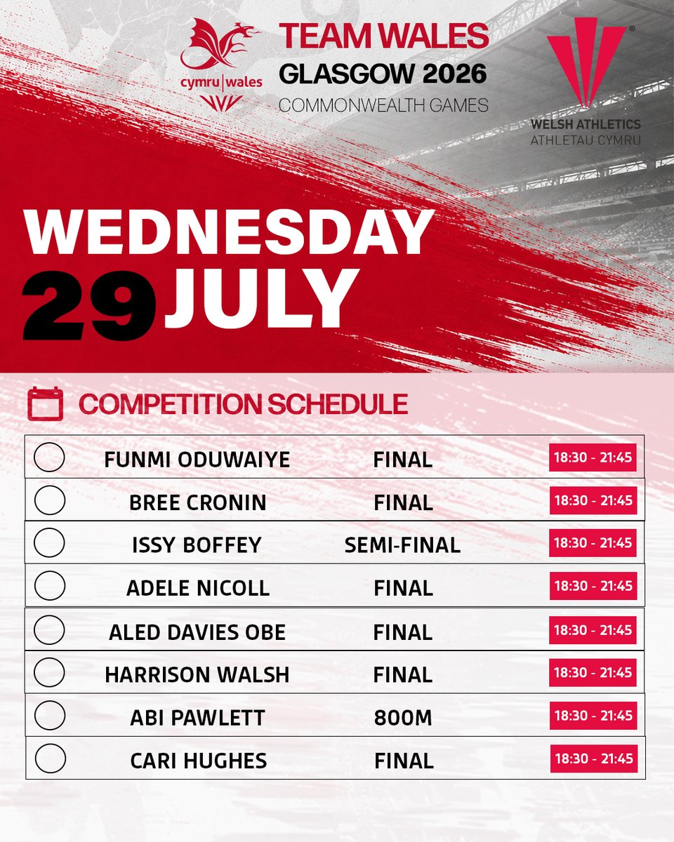 WelshAthletics's tweet photo. 🚨Only six days until the athletics gets underway in Glasgow!

Who's competing when? 👀

👉Swipe through to find out when every Welsh athlete is in action at the Glasgow 2026 Commonwealth Games!

#TeamWales #TimCymru #CWG #Atheltics https://t.co/yyspQ6wFWc