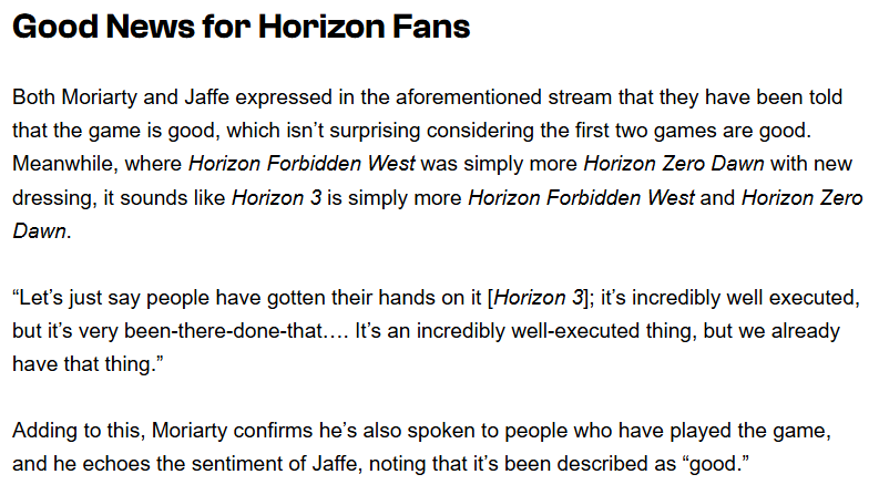 longislandviper's tweet photo. Misquoting and misreporting is an industry staple, but suggesting Jaffe and I were talking about Horizon 3 when we were clearly talking about Horizon: Hunters Gathering, which is well-known to be in closed testing, is... interesting.

Please stop with the shitty reporting! <3 https://t.co/5tlawR6dvC