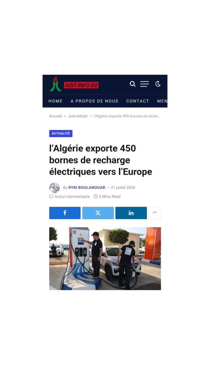 PenMas6's tweet photo. @TonyBananaDZ Et nous pendant ce temps ...😉😉😉
Rym Boulanouar 21 juillet 2026 
La SAIEG (Sonelgaz) décroche un contrat majeur pour l'exportation de 450 bornes de recharge pour véhicules électriques vers la France,le Portugal et l'Italie. https://t.co/gfkXiDJcZm