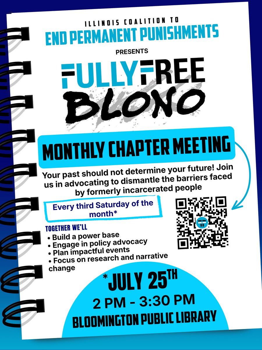 ENDPPIL's tweet photo. THIS SATURDAY, July 25th, FF: BLONO is having our monthly chapter meeting👏🔥Let’s come together to build power and make the changes we’ve always wanted to see! 
📍Bloomington Public Library 
⏰ July 25th 2pm - 3:30pm
#FFBLONO #ENDPP #EndPermanentPunishments #ChapterMeeting 

Link: https://t.co/Lsp8Pl3aR2