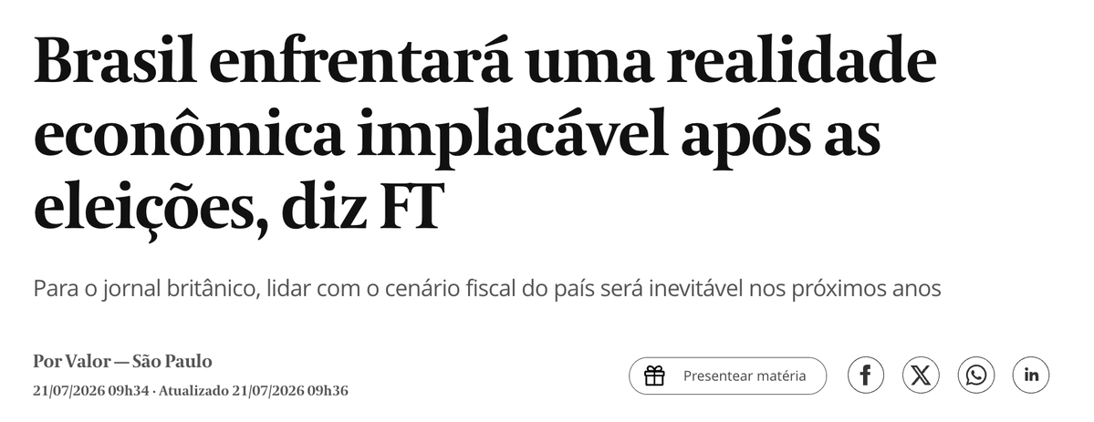 opapoeconomico's tweet photo. Financial Times: "a consolidação fiscal é inevitável. O que está em jogo é apenas sua magnitude"

Quem vencer a eleição herda:
• Déficit de 8,5% do PIB
• 90% dos gastos determinados por lei
• Dívida bruta em 81% do PIB
• Selic a 14,25% engordando a bola de neve

Se o ajuste for lento: dívida líquida vai pra 75% em 2030 e 90% em 2035. Trajetória que investidor não financia

Se fizer superávit de 2,5%: Selic poderia cair pra 8% e dívida estabiliza em 68%

O FT ainda joga na cara: real caiu 70% em 15 anos. Juros reais entre os maiores do mundo. Bolsa nos múltiplos mais baixos da história

"Para os investidores, isso é motivo para engajamento, não para desespero"

Mas só se o próximo governo fizer o dever de casa fiscal. Lula e Flávio Bolsonaro têm rejeição de 48% e 53%

O gringo tá avisando. A pergunta é se alguém vai ouvir