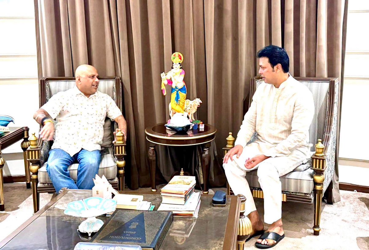 BjpBiplab's tweet photo. Received a courtesy visit from Dr. Rajdeep Roy ji, In-charge of the Bharatiya Janata Party, Tripura Pradesh, at my residence in New Delhi. @drrajdeeproy https://t.co/ek4O0gVwUv