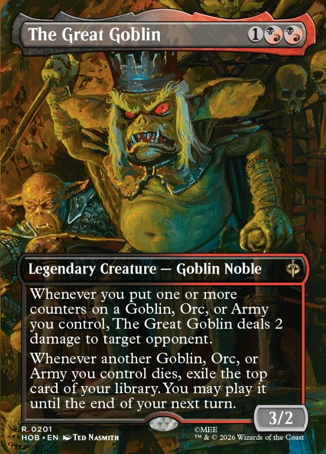 DimirUB's tweet photo. 【MTG x THE HOBBIT】
あなたが、あなたがコン卜ロ一ルするゴブリンやオークや軍団に1個以上のカウンターを乗せるたび、対戦相手1人を対象とする。これはそのプレイヤーに2点のダメージを与える。

あなたがコン卜ロ一ルするこれでないゴブリンやオークや軍団が1体が死亡するたび、あなたのライブラリーの一番上のカードを追放する。次のあなたのターンの終了時まで、それをプレイしてもよい
ーー
TheGamerより