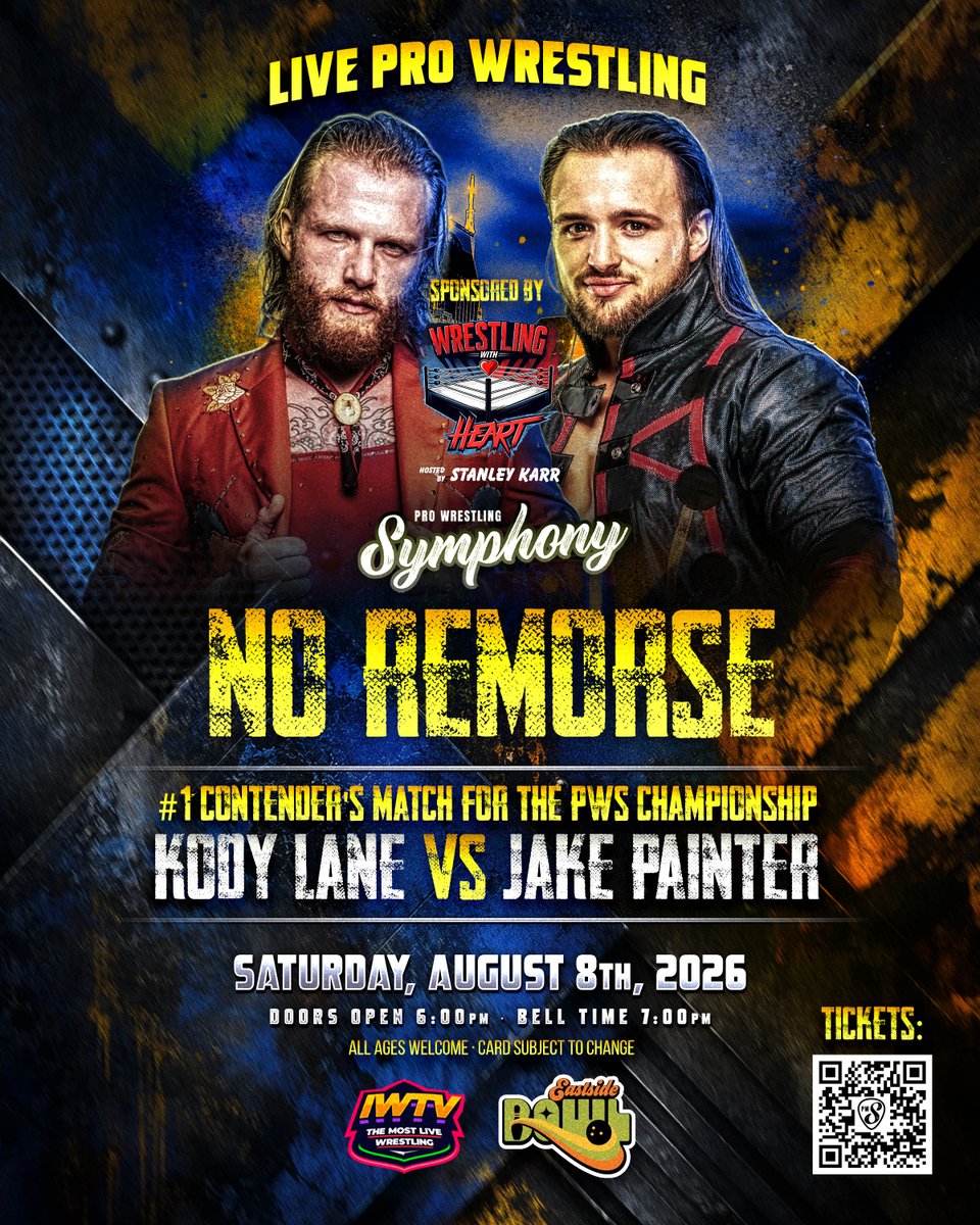 PWSymphonyLive's tweet photo. After costing "The Southern Flamingo" a win at Free For All, @thejakepainter and @VeryKodyLane are running it back at No Remorse!

The winner gets a shot at the PWS Championship at Battle of Five Points!

Sponsored by @HeartKarr

🎟 Get Tickets Here: https://t.co/0nL8NlbM0r
📍 @eastsidebowl
📅 Saturday, Aug. 8th
⏰ 7 p.m.